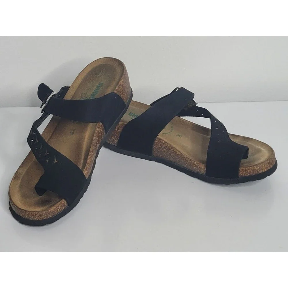 BIONATURA Nubuk Leather Black Cork Sandals Made in Italy Size 36 US 5 Wedge
